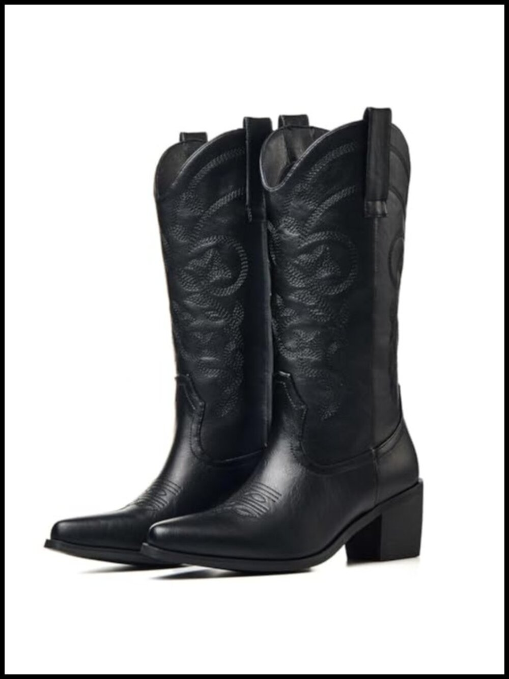 Women's Mid-Calf Cowboy Boots Pointed Toe Chunky Heel Faux Leather Pull-On